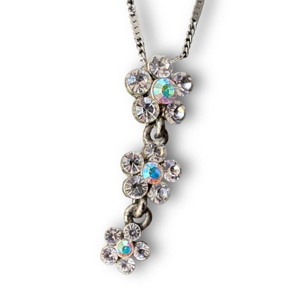 1928 Co Necklace Boho Flower Drop Aurora Borealis AB Crystal Silver Pendant
